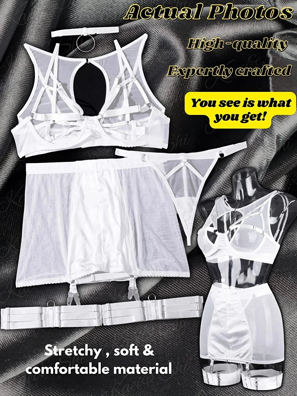 Sexy Garter Belt Set Women High Waist Lingerie Babydoll 4pcs Nightwear Sleepwear