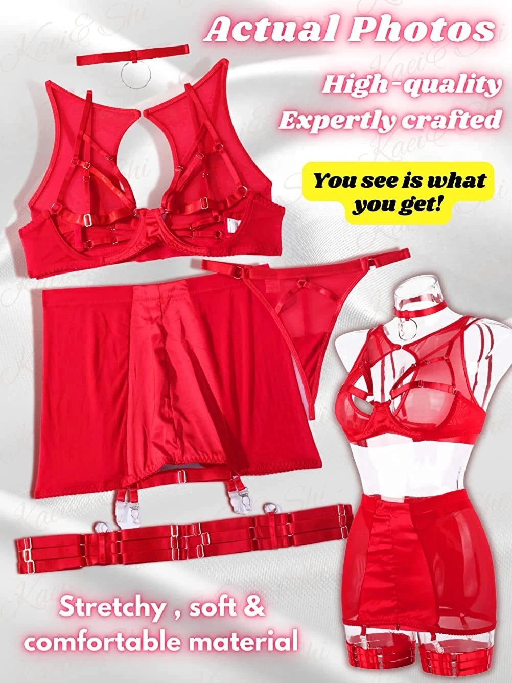 Sexy Garter Belt Set Women High Waist Lingerie Babydoll 4pcs Nightwear Sleepwear