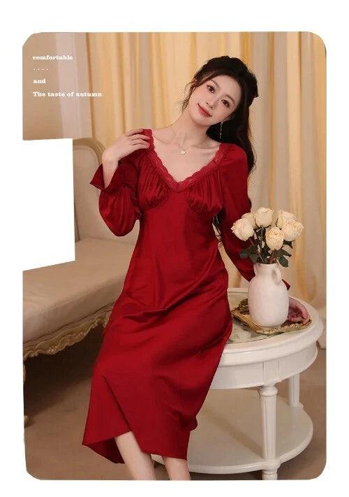 Spring Vintage Princess Sleepwear Silk Pajama Nightdress  Ruffles Lace V-Neck