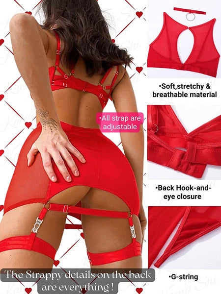 Sexy Garter Belt Set Women High Waist Lingerie Babydoll 4pcs Nightwear Sleepwear