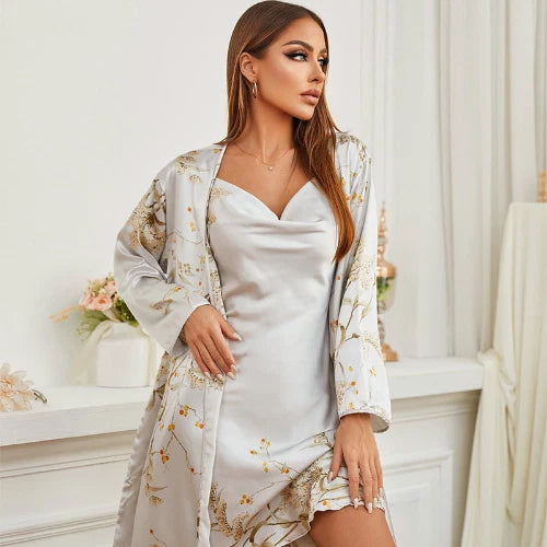 Womens Satin Chemise Kimono Bathrobe Gown Set Sexy Loungewear V-Neck Sleepwear