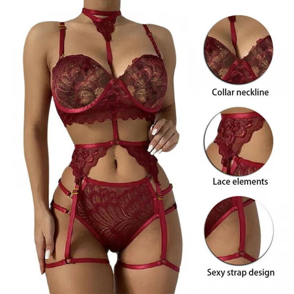 Womens Sexy Lingerie Set Bra + Thong + Garter Belt Babydoll G-String Underwear !