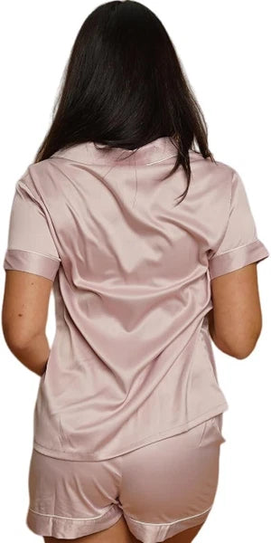 Women Silk Satin Pajamas Set Short Sleeve Button-Down Sleepwear Loungewear Charm
