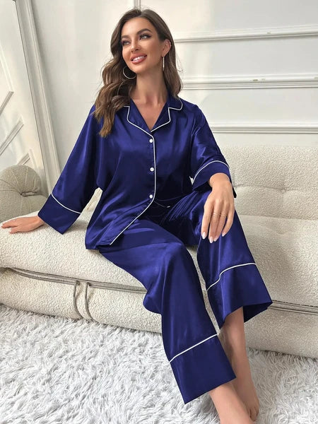 Women‘s Pajamas Set Notched Collar Top&Wide Leg Long Pants 2 Pieces Sleepwear