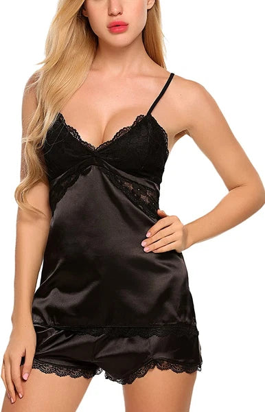 Sexy Satin Lace PJs Cami Set Camisole Shorts French Knickers Vest Nightwear Xmas