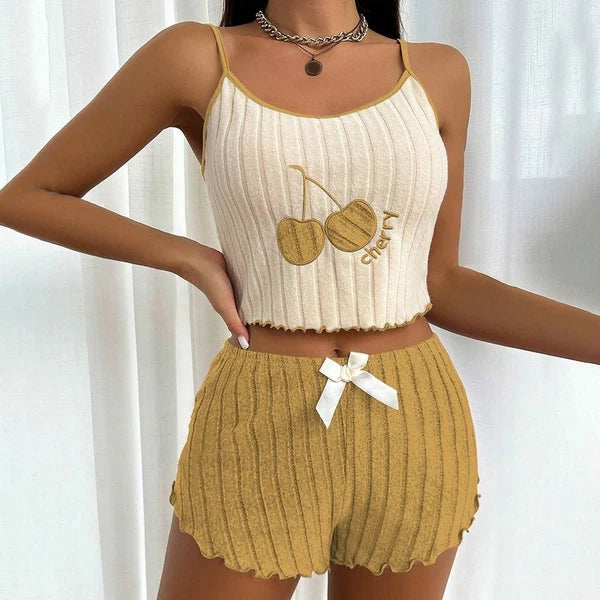 Camisole Shorts Lace Up Pajama Set Moderate Elasticity Printing Pattern