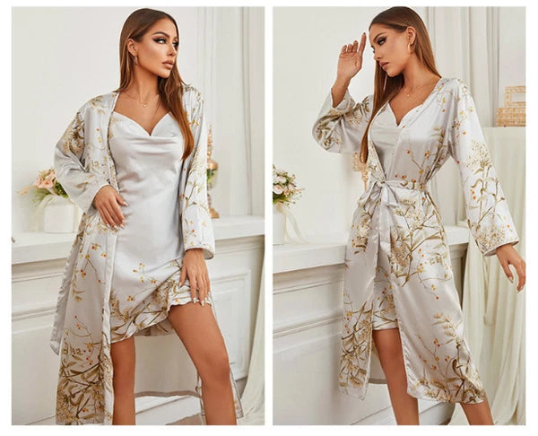 Womens Satin Chemise Kimono Bathrobe Gown Set Sexy Loungewear V-Neck Sleepwear