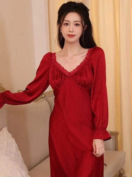 Spring Vintage Princess Sleepwear Silk Pajama Nightdress  Ruffles Lace V-Neck
