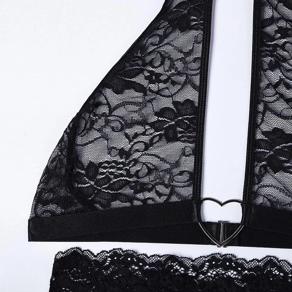 Women's Sexy Halter Lingerie Set with Garter Belts Lace Teddy Babydoll Bodysuit