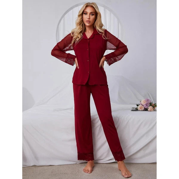 set: Solid color lace mesh long-sleeve long pants pajama set Women's home wear