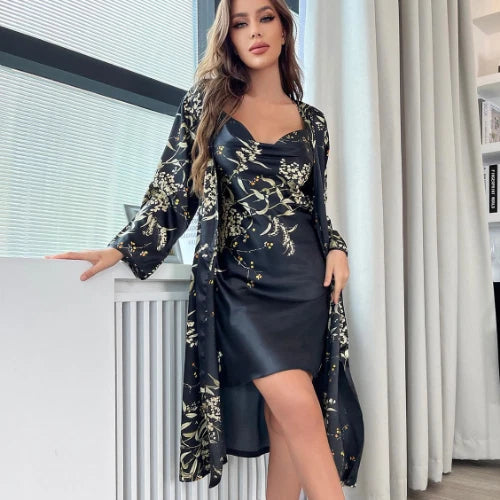 Womens Satin Chemise Kimono Bathrobe Gown Set Sexy Loungewear V-Neck Sleepwear