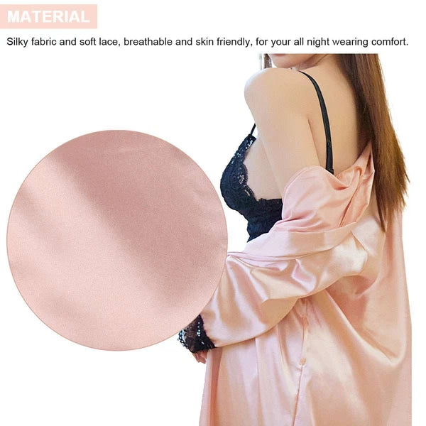 4Pcs Women' Silk Satin Pajamas Set Lingerie Floral Lace Cami Sleepwear with Robe