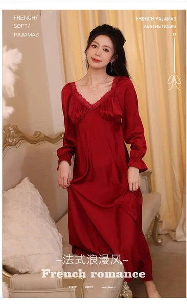 Spring Vintage Princess Sleepwear Silk Pajama Nightdress  Ruffles Lace V-Neck