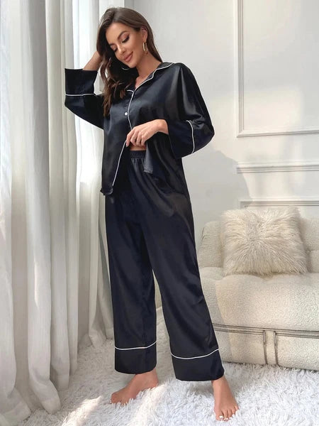 Women‘s Pajamas Set Notched Collar Top&Wide Leg Long Pants 2 Pieces Sleepwear