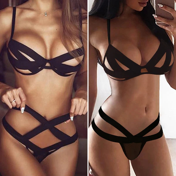 Womens Sexy Lingerie Strappy Hollow Out Top Bra Thong Set Underwear Nightwear