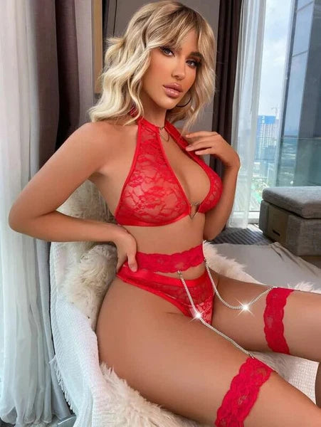 Women's Sexy Lingerie Lace Bra Set With Garter Belt Babydoll Nightwear Sleepwear