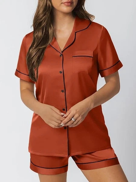 Women Silk Satin Pajamas Set Short Sleeve Button-Down Sleepwear Loungewear Charm