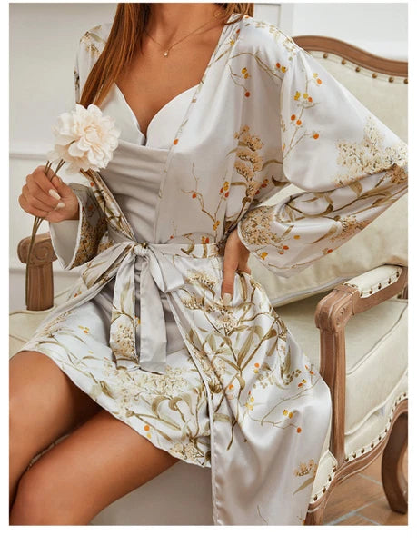 Womens Satin Chemise Kimono Bathrobe Gown Set Sexy Loungewear V-Neck Sleepwear