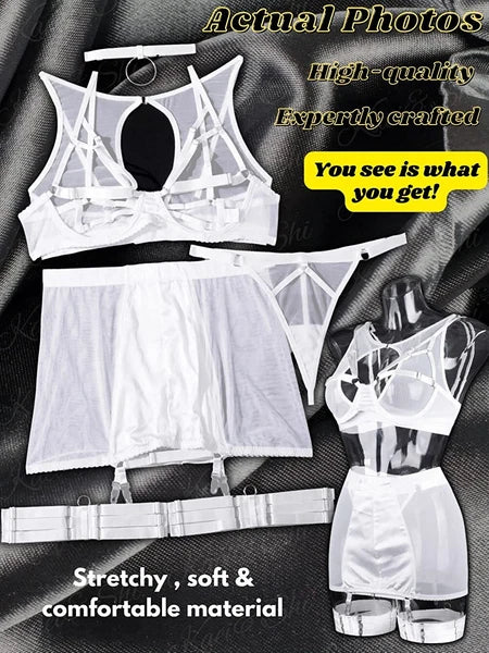 Sexy Garter Belt Set Women High Waist Lingerie Babydoll 4pcs Nightwear Sleepwear