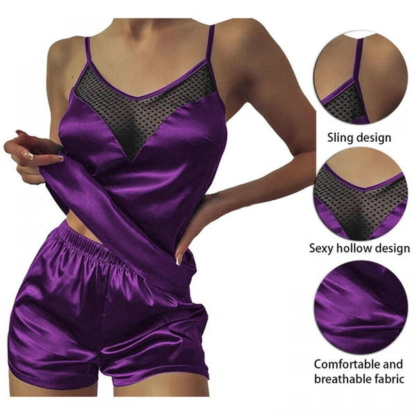 2pcs Womens Sexy Satin Silk Lace Cami Vest Shorts Lingerie Pyjamas Nightwear Set