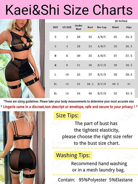 Sexy Garter Belt Set Women High Waist Lingerie Babydoll 4pcs Nightwear Sleepwear