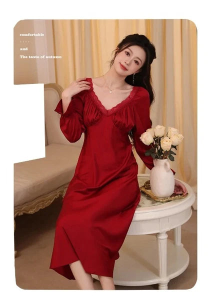 Spring Vintage Princess Sleepwear Silk Pajama Nightdress  Ruffles Lace V-Neck