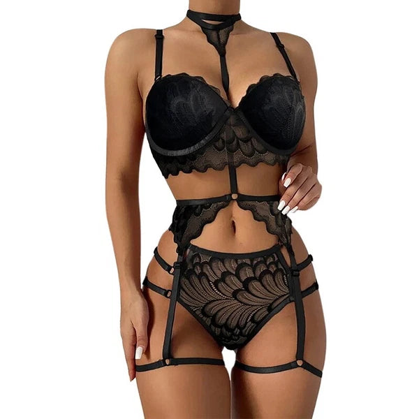 Womens Sexy Lingerie Set Bra + Thong + Garter Belt Babydoll G-String Underwear !
