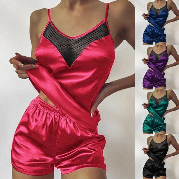 2pcs Womens Sexy Satin Silk Lace Cami Vest Shorts Lingerie Pyjamas Nightwear Set