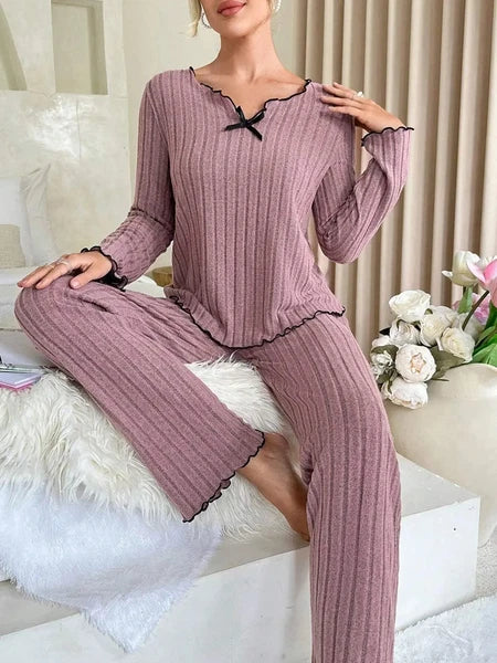 Women Sleepwear Ribbed Pajamas Set Long Sleeve Top and Long Pants 2 Piece Set