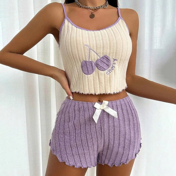 Camisole Shorts Lace Up Pajama Set Moderate Elasticity Printing Pattern