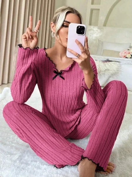 Women Sleepwear Ribbed Pajamas Set Long Sleeve Top and Long Pants 2 Piece Set