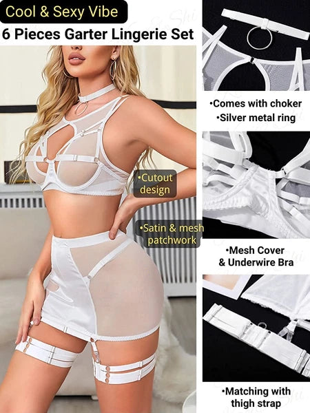 Sexy Garter Belt Set Women High Waist Lingerie Babydoll 4pcs Nightwear Sleepwear