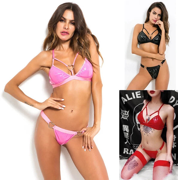 Sexy Womens Lingerie PVC Leather Halter Bra Briefs Panty Set Underwear Sleepwear