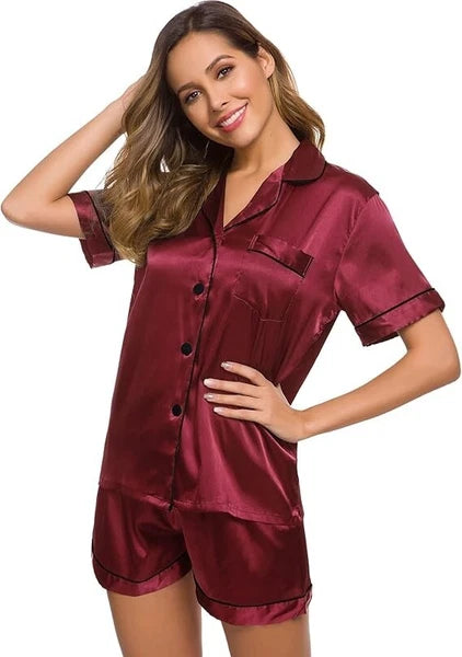Women Silk Satin Pajamas Set Short Sleeve Button-Down Sleepwear Loungewear Charm