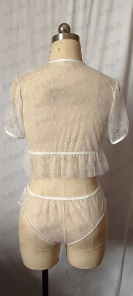 Sexy Lingerie Self Tie Trim Dots Mesh Lingerie Set See Through Bra and Panty US
