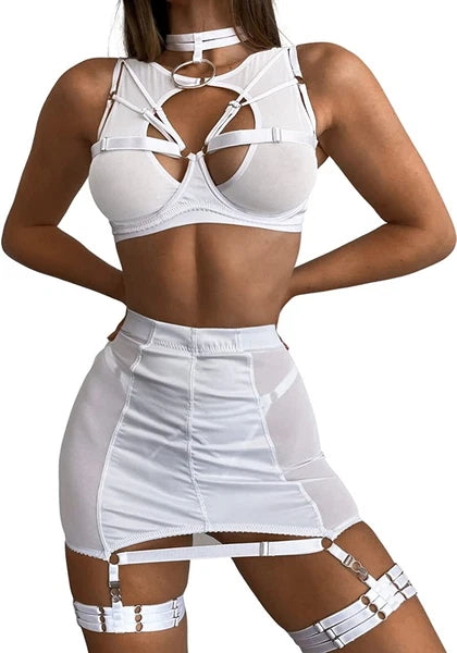 Sexy Garter Belt Set Women High Waist Lingerie Babydoll 4pcs Nightwear Sleepwear