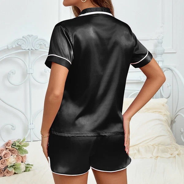 Ladies Satin Silk Pyjamas Nightwear PJs Set Women Short Sleeve Button Sleepwear