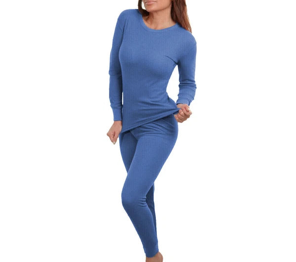 Women 2pc Premium Cotton Waffle Knit Thermal Underwear Stretch Top & Bottom Set