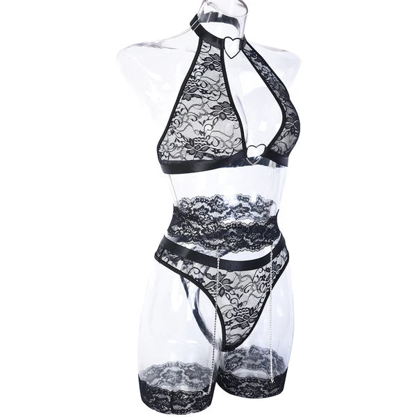 Women's Sexy Lingerie Lace Bra Set With Garter Belt Babydoll Nightwear Sleepwear