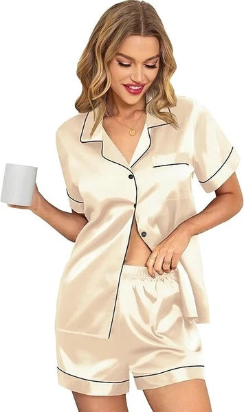 Women Silk Satin Pajamas Set Short Sleeve Button-Down Sleepwear Loungewear Charm