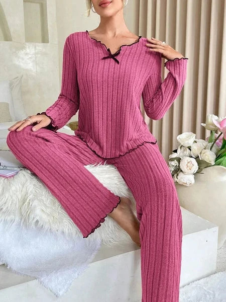 Women Sleepwear Ribbed Pajamas Set Long Sleeve Top and Long Pants 2 Piece Set
