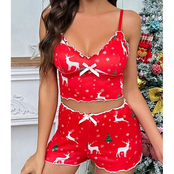 Sexy Satin Lace PJs Cami Set Camisole Shorts French Knickers Vest Nightwear Xmas