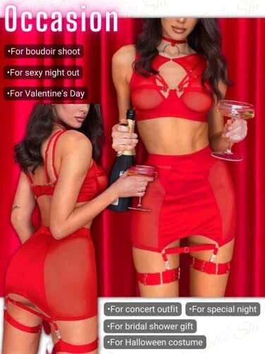 Sexy Garter Belt Set Women High Waist Lingerie Babydoll 4pcs Nightwear Sleepwear