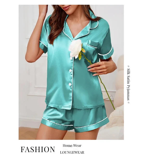 Summer Women Pajamas  Button Down Top&Shorts 2 Pieces Sleepwear Notched Collar