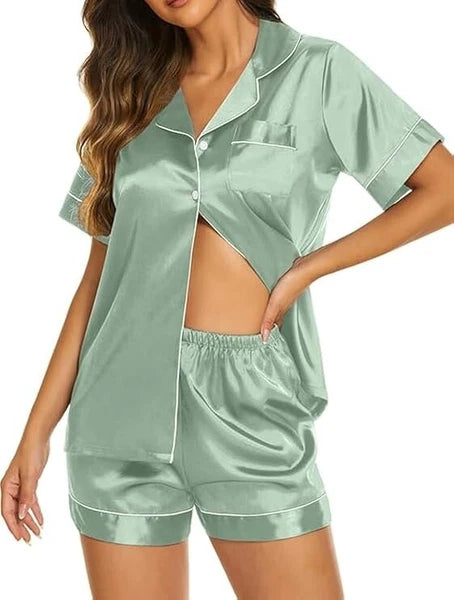 Women Silk Satin Pajamas Set Short Sleeve Button-Down Sleepwear Loungewear Charm