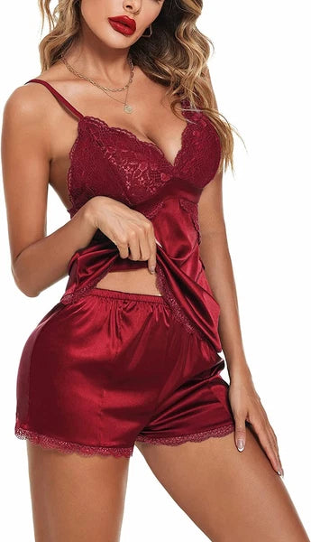 Womens Sexy Lingerie Silk Pajamas Set Sleepwear Satin Cami Vest Nightwear Pyjama