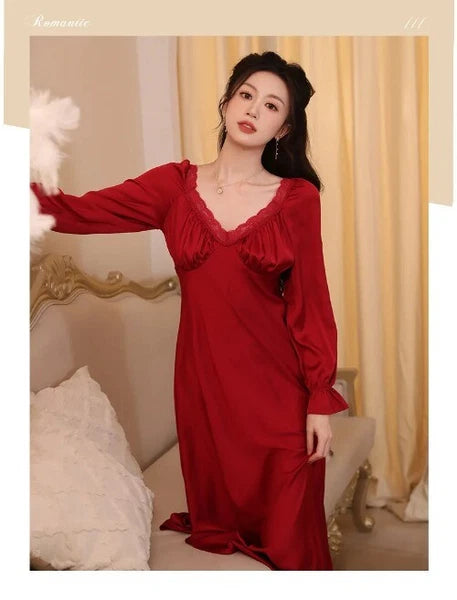 Spring Vintage Princess Sleepwear Silk Pajama Nightdress  Ruffles Lace V-Neck