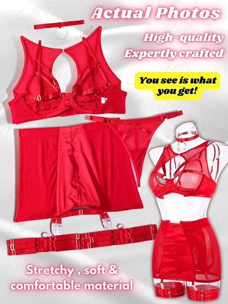 Sexy Garter Belt Set Women High Waist Lingerie Babydoll 4pcs Nightwear Sleepwear