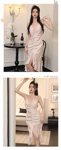 Summer Sleeveless Backless Pajama Night Dress Suspended Split Fold Long Girls