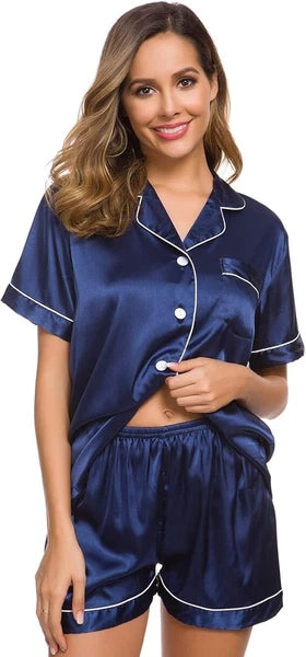 Women Silk Satin Pajamas Set Short Sleeve Button-Down Sleepwear Loungewear Charm